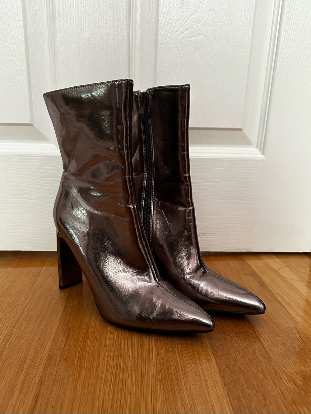 ASOS Pointed Toe High Heel Metallic Ankle Boots - Pewter Silver